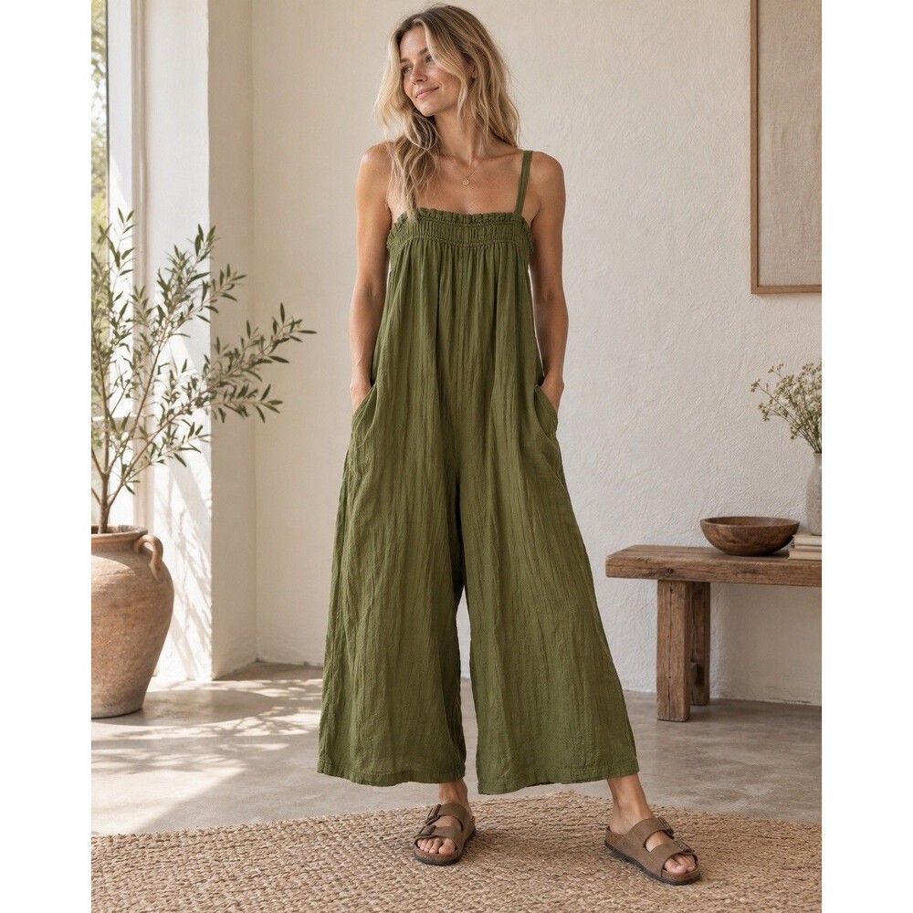 Laude The Label Organic Cotton Wide Leg Jumpsuit Lined M/L Olive Green Lagenlook